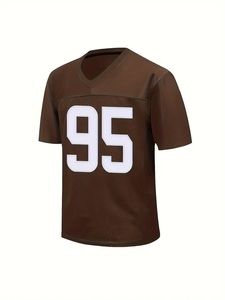 <b>Women</b> Brown American Football Jersey V-Neck Short Sleeve <b>Mesh</b> 100% Polyester Tackle Twill Print Number 95 Breathable Quick Dry - Product Image 1