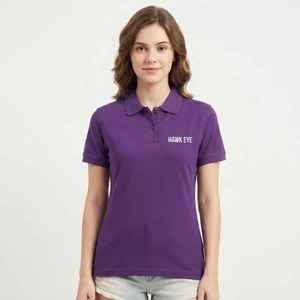 Polo à manches courtes pour femme Hawk Eye, couleur violette, avec lettres brodées sur le devant, style décontracté, tissu tricoté - Product Image 2