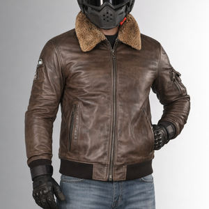 Veste de moto pour homme, marron, style vintage, col en fourrure, fermeture éclair, veste bomber, vêtement d'extérieur pour la conduite - Product Image 1