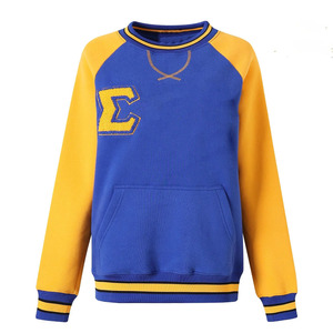 เสื้อสเวตเชิ้ต Sigma Gamma Rho Chenille ลายตัวอักษรกรีกสำหรับผู้หญิง สีน้ำเงินเหลือง แขนเสื้อแบบแร็กแลน มีกระเป๋า คอกลม เสื้อพูลโอเวอร์สำหรับชมรมนักศึกษา - Product Image 1