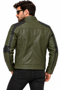 Veste de moto en cuir véritable vert olive pour homme, col montant, fermeture éclair, veste de motard, design de logo personnalisé, veste en cuir - Product Image 5