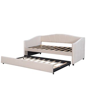 Divano letto imbottito beige con letto estraibile singolo e doghe in legno - Ideale per comodi letti singoli - Product Image 3