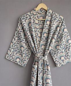 Premium Geometric Printed Women's Kimono Robe <b>Three</b> Quarter Sleeve Loose Maxi Dress With Tie Front Japanese Style 100% Cotton - Product Image 4