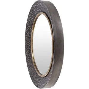 Modern Round Metal Wall Mirror With Hammered <b>Frame</b> And Gold Accents For Contemporary Home Decor Entryway Style - Product Image 2