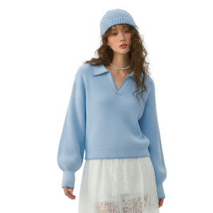Pull en maille côtelé à col en V et manches longues pour femme, toucher doux, en coton, idéal été, automne, hiver, vente en gros usine, OEM - Product Image 1