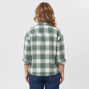 Camisa de Franela a Cuadros Verde para Mujer, Manga Larga, Cuello con Botones, Corte Regular Informal, con Bolsillos, Ropa de Invierno, Camisas para Dormir - Product Image 3