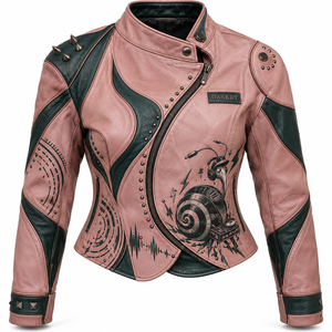 Women Dusty Pink Leather Biker Jacket Printed Snail Graphic Dark Green Accent <b>Studded</b> Collar Custom OEM ODM Outerwear Wholesale - Product Image 1