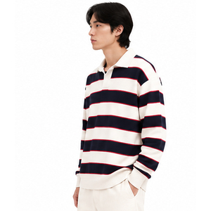 Pull en tricot rayé pour homme, manches longues, coupe classique, fermeture à un bouton, couleurs marine, rouge et blanc, pulls en tricot - Product Image 5