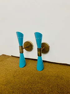 1950s Mid Century Italian Diabolo Metal <b>Wall</b> <b>Sconce</b> Pair 2 Bulb Round Folk Art Fixture Lamp Antique Light Blue - Product Image 2