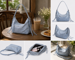 Light Blue PU Lady Fashion Waterproof Shoulder <b>Bag</b> with Single Strap Zip Closure Minimalist Style All Seasons Daily Use - Product Image 3