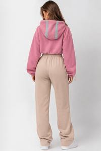 <b>Women</b> Cropped Sherpa Hoodie Reflective Stripe Pullover Soft Fleece <b>Teddy</b> Hoodies Streetwear Custom Manufacturing - Product Image 3