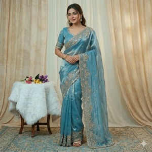Party Wear Designer Embroidered Net Silk Modal Viscose Flower Design Indian Ladies Wear <b>Orange</b> Color Saree Blouse Piece 84550 - Product Image 1