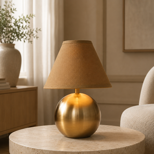 Lámpara de Mesa Metálica Golden Globe con Base de Hierro Cepillado y Pantalla de Tela Premium, Iluminación Ambiental Cálida para Espacios Elegantes - Product Image 1