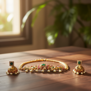 24K Gold Plated Zircon Bridal Choker Set-Kempu Fashion Jewelry for Daily Wear - Product Image 3