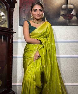 Sari de Seda Verde Claro, Vestido de Novia Tradicional Indio Estilo Banarasi con Borde Decorado, Largo hasta el Suelo, Ropa para Mujer - Product Image 4