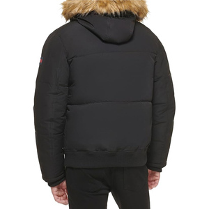 Men's Black Puffer <b>Jacket</b> With <b>Fur</b> <b>Hood</b> Windproof Winter Coat Regular Fit Solid Color Polyester Shell Thick Warm Casual Style - Product Image 3