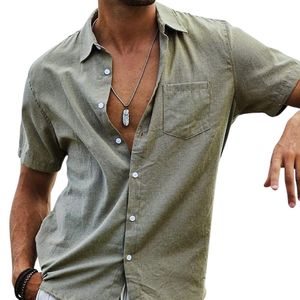 Chemise de travail respirante vert olive en coton et lin, boutonnée, à poche unique, coupe classique, teinte unie - Product Image 3