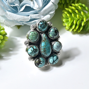 Anillo de Cabujón de Turquesa de Hubei Hecho a Mano, Anillo Chapado en Plata Oxidada con Gema de Ametrino Engastada en Bisel, Anillo de Declaración Vintage para Mujer - Product Image 2