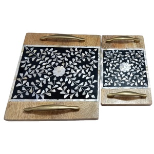Handcrafted Mother Of Pearl Inlay <b>Black</b> & White Floral Wooden <b>Serving</b> <b>Tray</b> Set Decorative Ottoman Coffee Table <b>Tray</b> With Handles - Product Image 1
