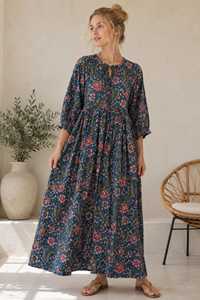 Robe midi vintage en mousseline 100 % coton imprimé floral, anti-plis, col à capuche, sans manches, coupe trapèze ample, décontractée, été/printemps - Product Image 1