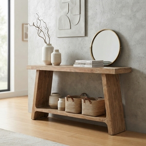 Solid Wood Console <b>Table</b> Modern <b>Rustic</b> A Line Frame Leg Natural Teak Style <b>Wooden</b> Entryway <b>Table</b> Home Living Room Furniture - Product Image 2