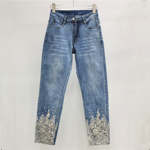 Glory New 2025 Pantalones de mezclilla rectos ajustados elásticos para mujer con cuentas, cintura alta, lentejuelas, encaje y diseño floral calado - Product Image 2