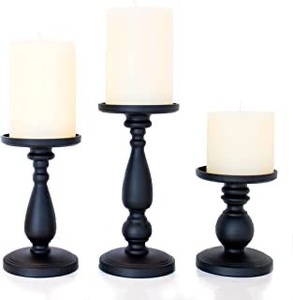 Juego de 3 Portavelas de Madera Negra con Base Redonda y Velas Blancas Decoración para el Hogar - Product Image 5