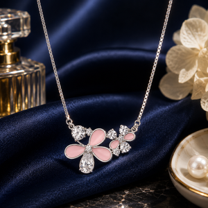 925 Sterling Silver Link Chain <b>Pink</b> Floral Pendant <b>Necklace</b> Zircon High Polish Women Daily Wear Gift Jewelry - Product Image 1