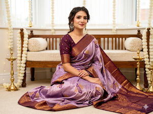Purple Silk <b>Saree</b> With Peacock Print And Brown Border <b>For</b> <b>Women</b> Wedding Wear Traditional Indian Sari Floor Length Wrinkle Free - Product Image 3