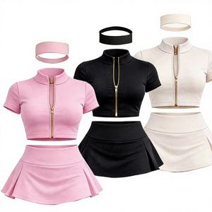 Custom Womens Activewear Sets 3 Piece Short Skirt Gold Zipper Yoga <b>Jacket</b> Shorts Headband Gym <b>Workout</b> Set Fitness Sportswear - Product Image 2