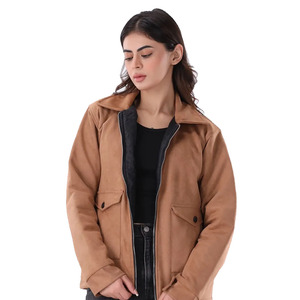 Fashion Women Vintage <b>Brown</b> Cow <b>Leather</b> Stand Collar Knitted Bomber <b>Jacket</b> with Pockets for Winter Unisex Regular Fit - Product Image 5