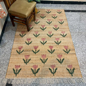 Handmade Jute Kilim <b>Rug</b> with Floral Pattern | Natural Fiber Low Pile Thin <b>Boho</b> Area <b>Rug</b> | Eco-Friendly Rustic Home Decor - Product Image 1