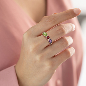 New <b>925</b> Sterling <b>Silver</b> Three Stone <b>Ring</b> With Peridot Garnet Amethyst Faceted Gemstones Prong Setting Classic Style Fine Jewelry - Product Image 4