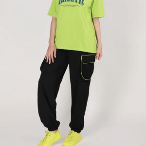 T-shirt décontracté en coton tricoté à manches courtes et col rond pour femme, coupe ample, imprimé athlétique vert lime, printemps-été - Product Image 2