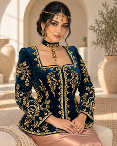Deep Teal Velvet Elegant Moroccan Kaftan Pearl Details Copper Satin <b>Skirt</b> V Neck Flared Hem for Muslim Women Party Occasions - Product Image 3