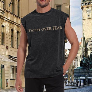 Camisetas sin mangas cristianas para hombre, camisetas sin mangas con estampado 'Faith Over Fear', camisetas de gimnasio con lavado ácido, camisetas deportivas con corte muscular, camisetas religiosas - Product Image 4