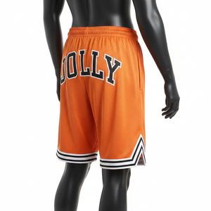Pantalones Cortos de Baloncesto Ligeros de Malla de Poliéster de 180 GSM, Color Naranja Vibrante, Parche Bordado, Dobladillo con Rayas - Product Image 5