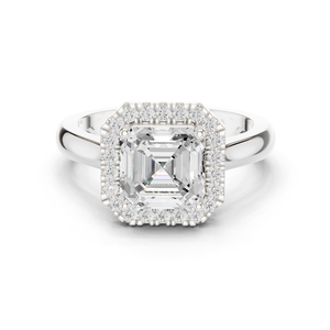 Anillo de compromiso solitario con halo de diamantes brillantes talla Asscher y banda lateral con diamantes pavé, joyería de oro blanco macizo de 14k - Product Image 1