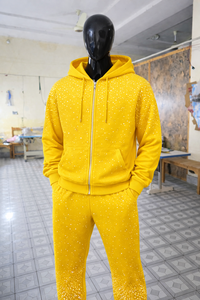 Ensemble de survêtement pour homme, hiver, jaune uni, avec strass, sweat à capuche zippé, pantalon de jogging, style streetwear scintillant, vêtements de sport décontractés, tenue de gym - Product Image 4