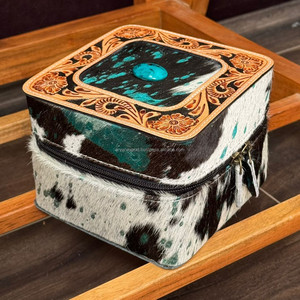 Handcrafted Cowhide Leather Square Zipper Jewelry Case with Hand Tooled Lid Turquoise Stone & Compartments for Rings & Earrings - Product Image 4