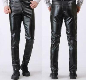 Men's Customizable <b>Black</b> PU Coated Casual Lightweight Moto Biker <b>Trousers</b> Mid Zipper Fly Straight Fit Breathable Side <b>Pockets</b> - Product Image 5