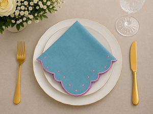 Pink <b>Linen</b> <b>Cloth</b> Napkin Handmade Embroidered Scalloped Edge 50x50cms Modern Machine Washable Reusable Dinner <b>Table</b> Decor Wedding - Product Image 3