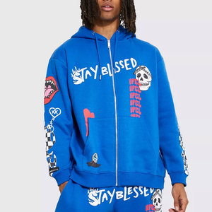 Sudadera con Capucha Azul Unisex, Transpirable, Teñida, de Peso Medio, Estilo Urbano, Estampada, de Poliéster, Informal, para Invierno - Product Image 3