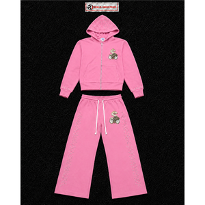 Conjunto Deportivo Rosa Personalizado para Mujer, Sudadera con Cremallera Completa y Pantalones Anchos con Logotipo Gráfico, Ropa Deportiva Casual de Calle, Venta al Por Mayor - Product Image 5