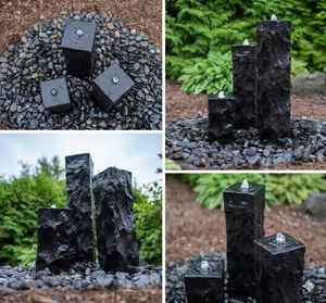 Juego de 3 Fuentes de Agua con Columnas Cuadradas de 15x15cm, Pilares de Basalto de Piedra Natural Perforada, Bordes Tallados a Mano, Cascada para Jardín - Product Image 6