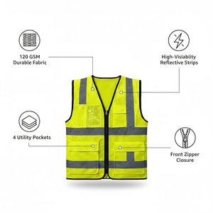 Chaleco de Seguridad de Alta Visibilidad para Hombre, Reflectante, de Poliéster, Cuello en V, Informal, para Verano, Color Sólido, 4 Bolsillos, Cierre de Cremallera - Product Image 1