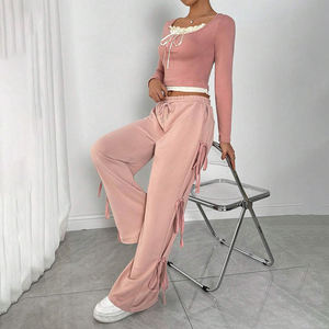 Traje de Dos Piezas Casual de Moda para Mujer, Personalizado y de Alta Calidad, con Lazo Lateral, Tirantes Finos, Pantalones con Cordón Ajustable y Blusa de Manga Larga - Product Image 4