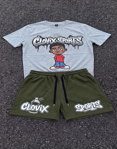 Conjunto de 2 piezas de camiseta y pantalones cortos para hombre Clovix Sports, estilo urbano, estampado personalizado, ropa informal de verano, cuello redondo, algodón, OEM - Product Image 3