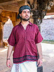 Men <b>Maroon</b> Khadi Cotton Short Kurta Shirt with Hand Block Printed Border Traditional Rajasthani Ethnic Fusion Wear <b>Top</b> - Product Image 5