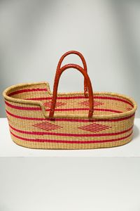 Woven red stripe diamond <b>seagrass</b> changing <b>basket</b> integrated with rattan changing kid <b>basket</b> and brown handles for <b>storage</b> - Product Image 2